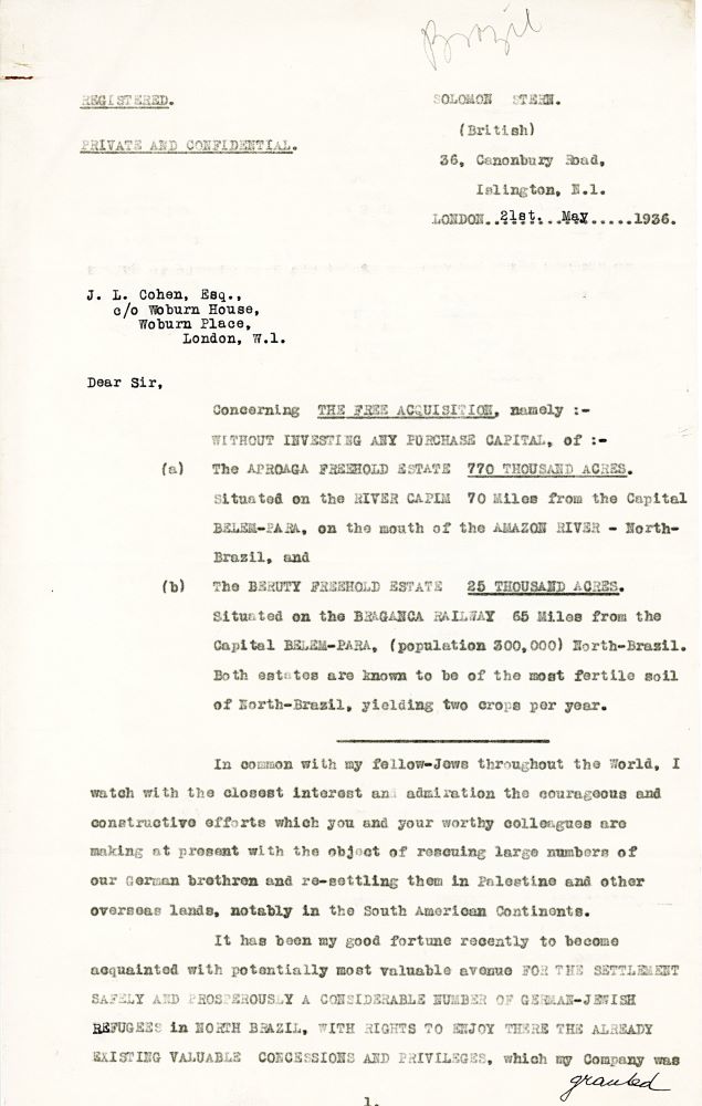 מכתב מאת סלומון שטרן ובו הצעה ליישב את הפליטים היהודים הגרמנים בברזיל, 1936 (A173\39)